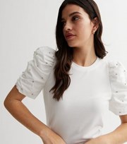 New Look White Fine Knit Crew Neck Ruched Stud Sleeve Top